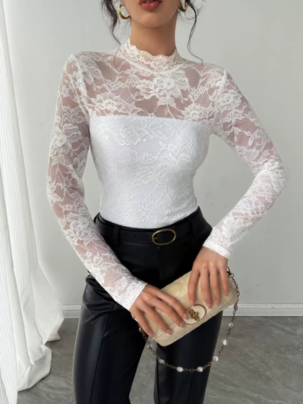ZARA Womens Fall Winter Lace Panel Back Zipper Long Sleeve Slim Fit Top